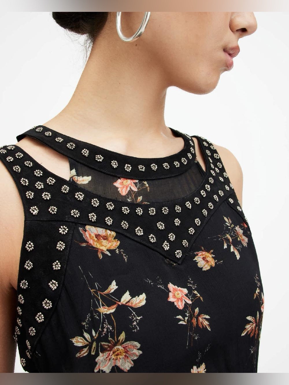 Allsaints Jessie Tanana Dress - Floral Studded Midi with Suede Detail - Like New - Picture 2 of 6